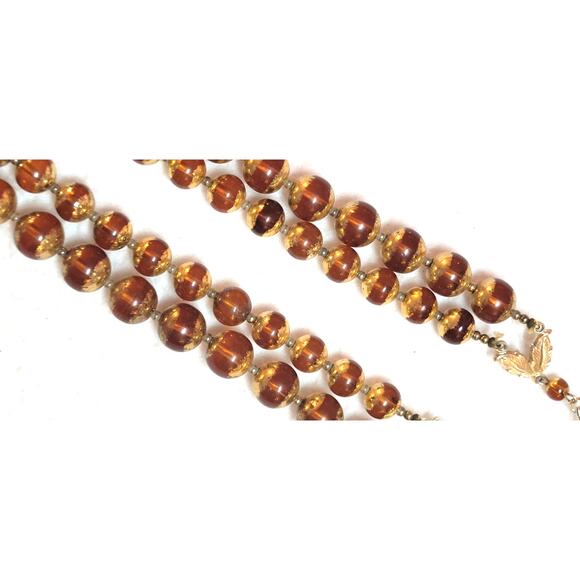 Vintage Signed Japan Electroplated Edge Amber Beaded Necklace Lucite 2 Strand - Picture 3 of 7